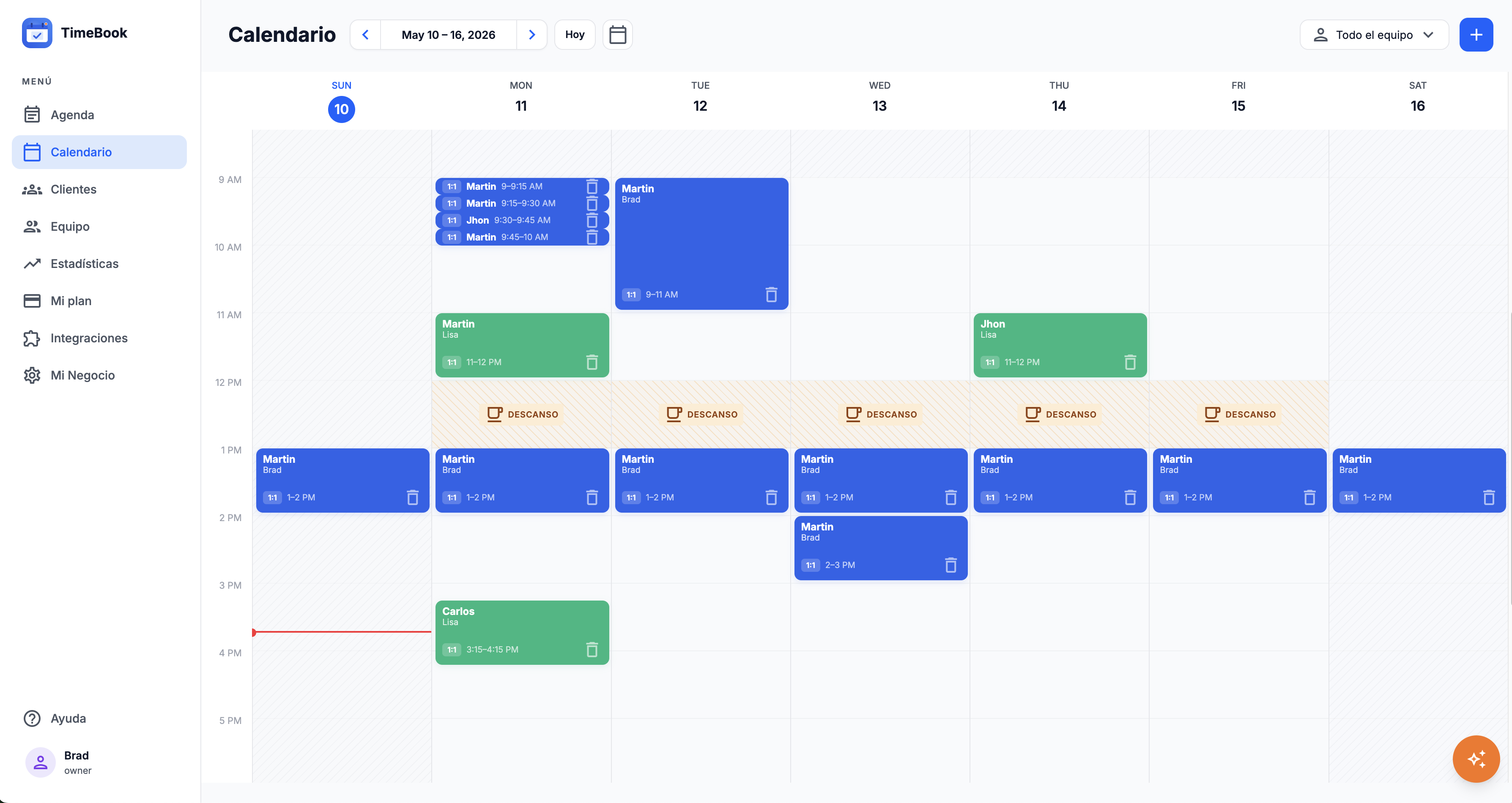 Vista del calendario web de TimeBook
