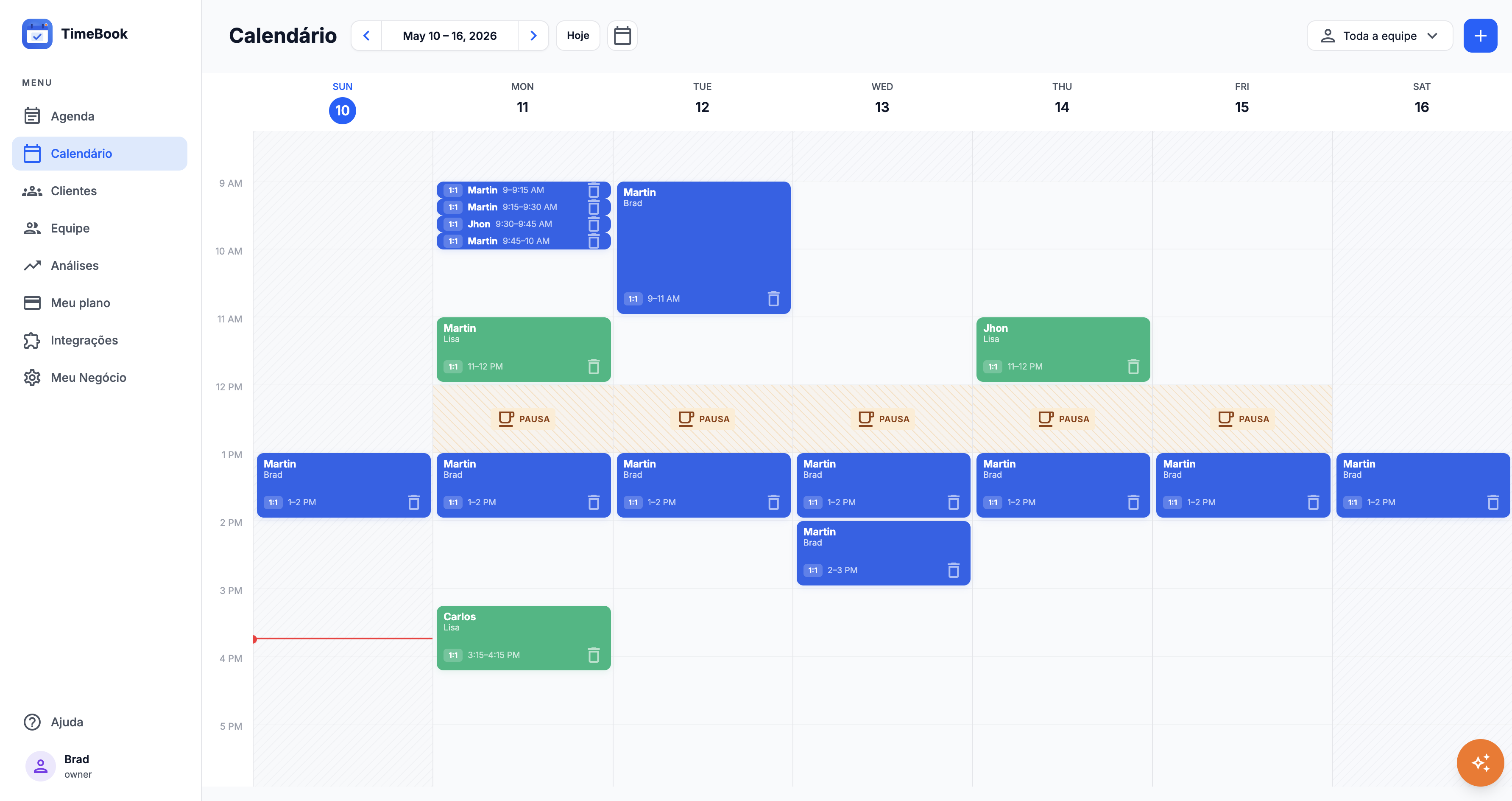 Visão do calendário web do TimeBook